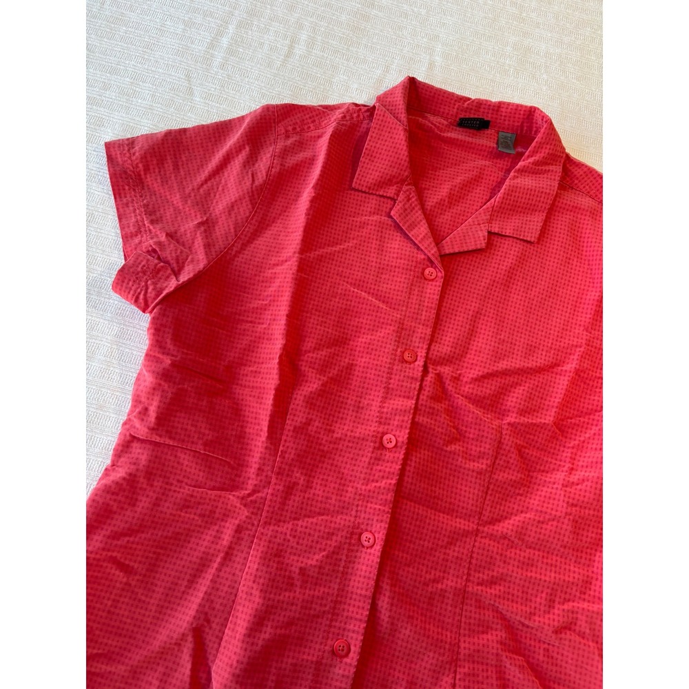 REI Womens Short Sleeve Button Up Shirt Coral Red Micro Check Camp Collar Size M